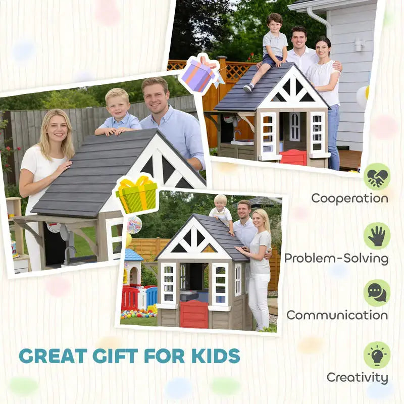 Qaba Outdoor Playhouse, Wooden Kids Playhouse with Dog Door, Flower Box, Cookware & Window for Garden Ages 2+, Gray from PriceLows™