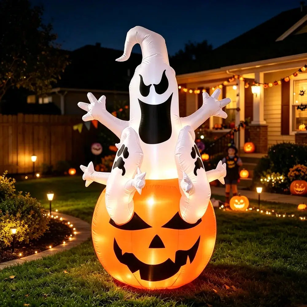 Ghost On Pumpkin Inflatable | 4 Ft Yard Decoration | Weather Resistant Fabric