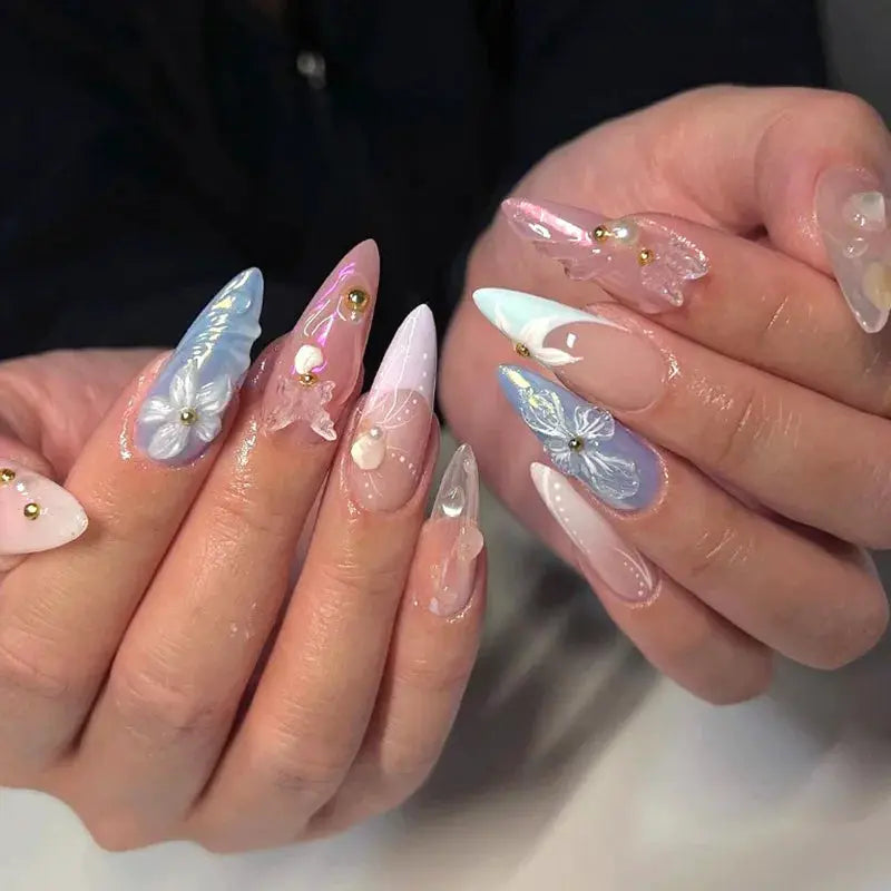 Almond Press On Nails | Acrylic Finish | Pearl Flower Design | 24 Piece Set