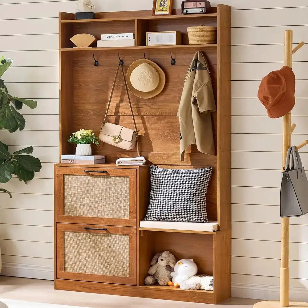 78 Tall Boho Hall Tree with Bench amp Shoe Storage, 4in1 Mudroom Coat Rack with 2 Flip Rattan Drawers amp Cushioned Stool, Entr from PriceLows™