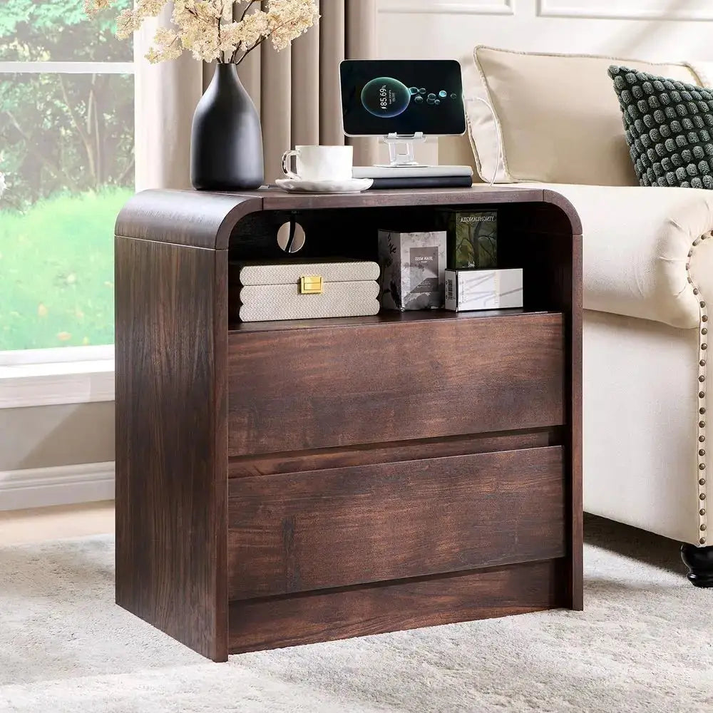 25 Tall Modern Nightstand Set of 2, 23.6 Wide Wood Bedside Table w 2 Storage Drawers, Charging Station,Mid Century End Table fo from PriceLows™