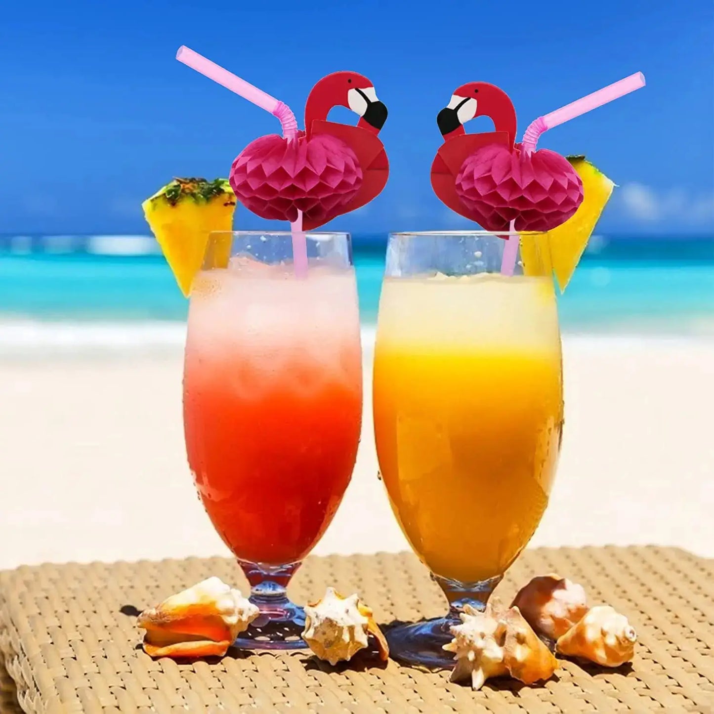Hawaiian Flamingo Paper Party Straws | Tropical Pineapple | 50 Pack