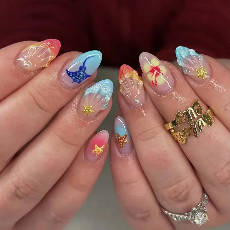 Almond Press On Nails | Acrylic Finish | Pearl Flower Design | 24 Piece Set
