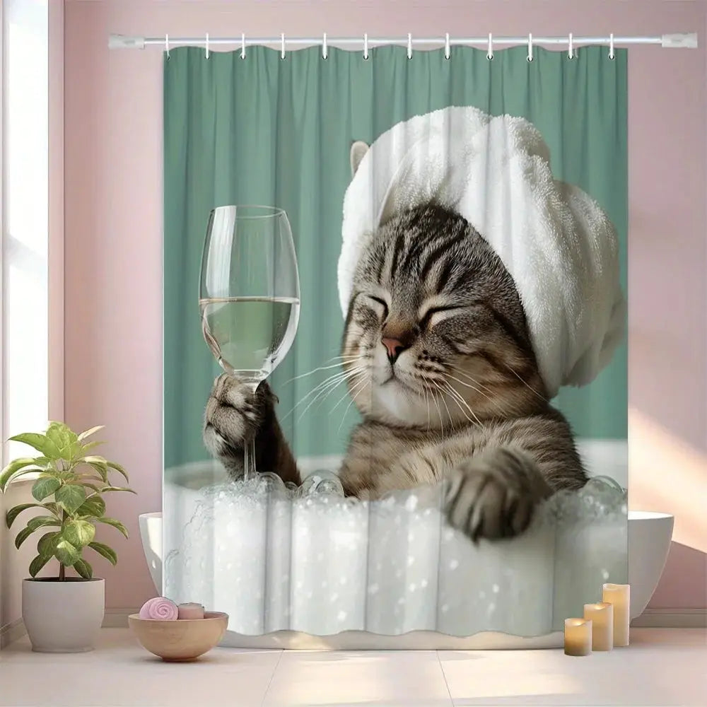 Funny Cat Shower Curtain, Tabby Cat in Bathtub with Wine Glass, Relaxing Spa Theme, Waterproof Bathroom Decor from PriceLows™