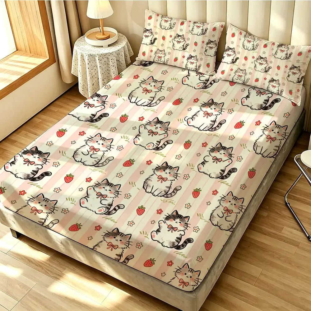 3pcs Cartoon Bear Kitten Printed Chipless Bed Sheet Set Multiple Sizes Soft Bed Cover Bedroom Bedding Decoration, Gift Bedding from PriceLows™