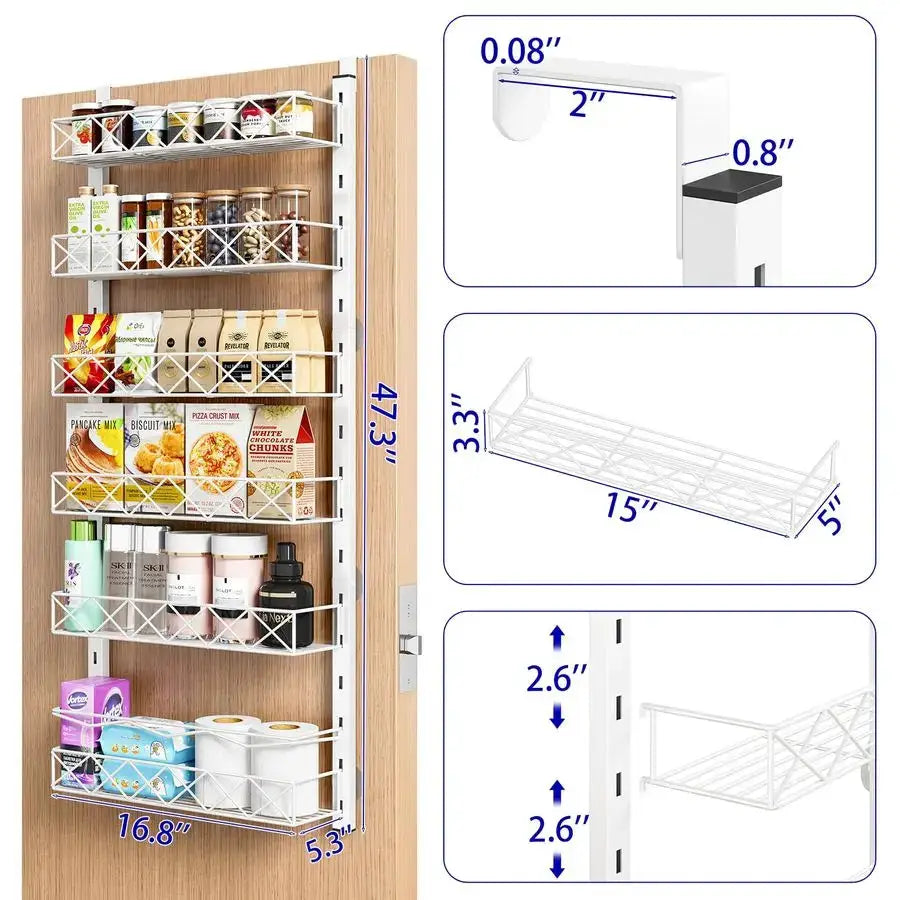 Over the Door Organizer, White 6Tier Pantry Door Organizer with Adjustable Basket, Hanging Spice Rack Cabinet Door Shelves, Laun from PriceLows™