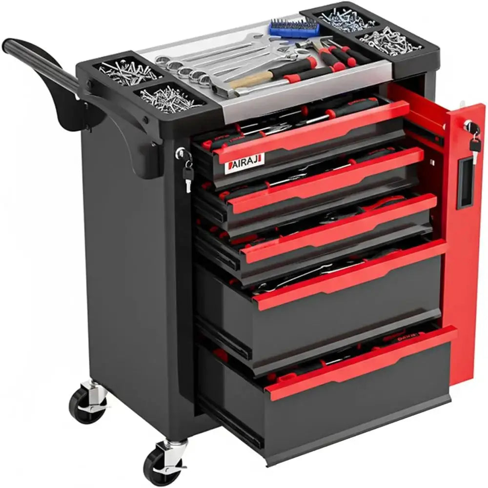 5 Drawer Rolling Tool Chest with Side Cabinet, Lockable, Garage Storage, Safety Rounded Edges, Red from PriceLows™