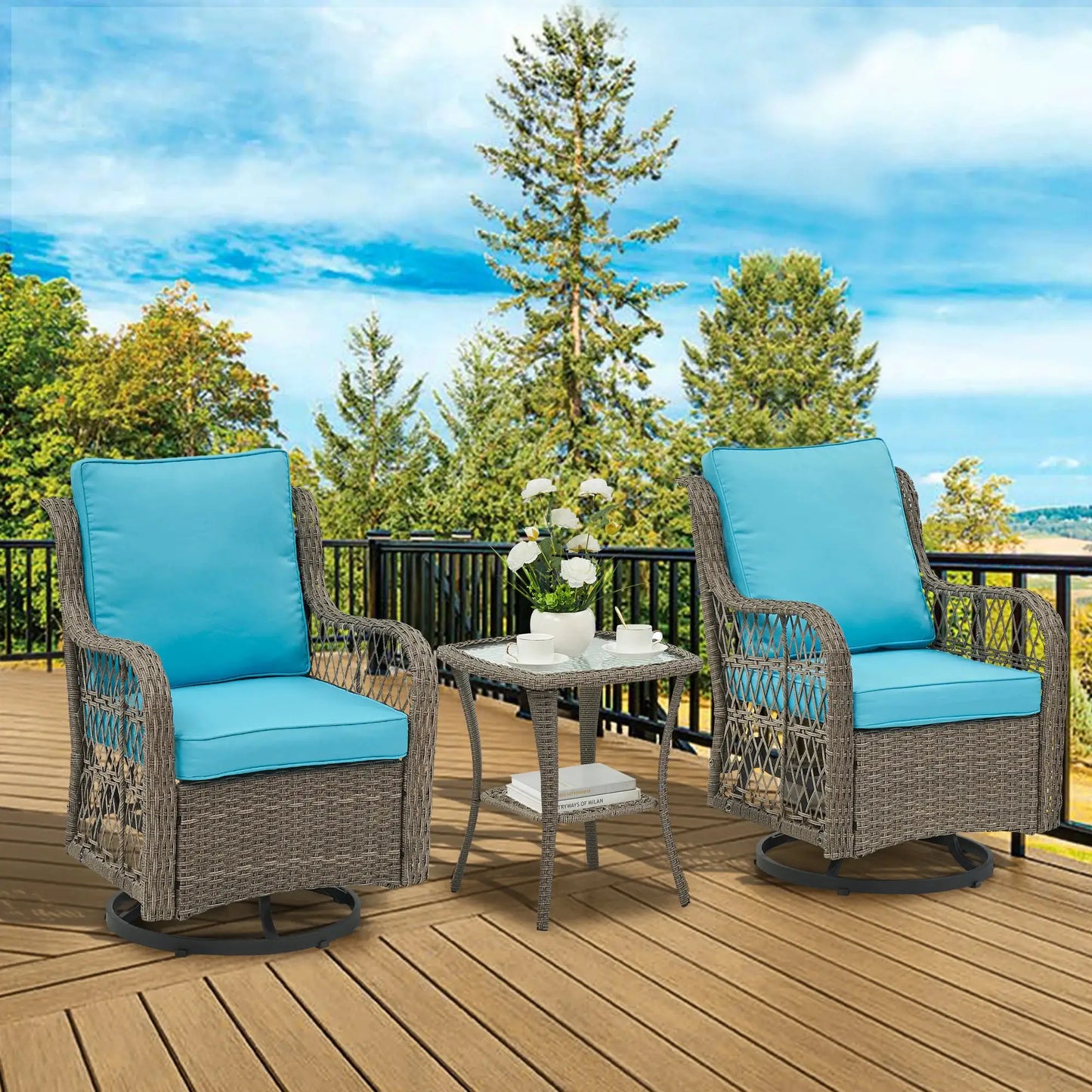 3 Pieces Outdoor Wicker Swivel Chair Set, Swivel Rocking Chairs Set of 2 with Rattan Side Table, 360-Degree Swivel Rocking Chair from PriceLows™