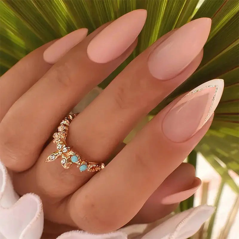 Almond Press On Nails | Acrylic Finish | Pearl Flower Design | 24 Piece Set