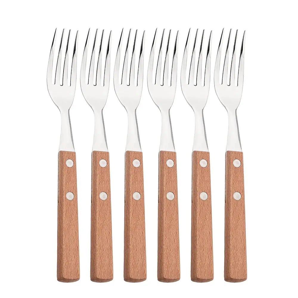 Knife Fork Teaspoon with Wooden Handle 304 Stainless Steel Cutlery Set 6/24Pcs Tableware Mirror Dinnerware Home Flatware Kitchen from PriceLows™