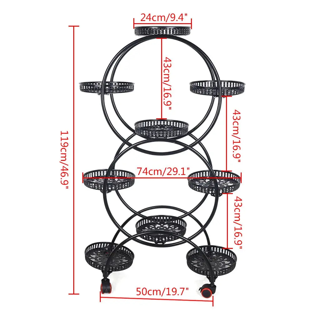9-Tray Metal Plant Stand Rack Black Flower Pot Holder with Wheels Indoor Outdoor Black Flower Pot Holder from PriceLows™
