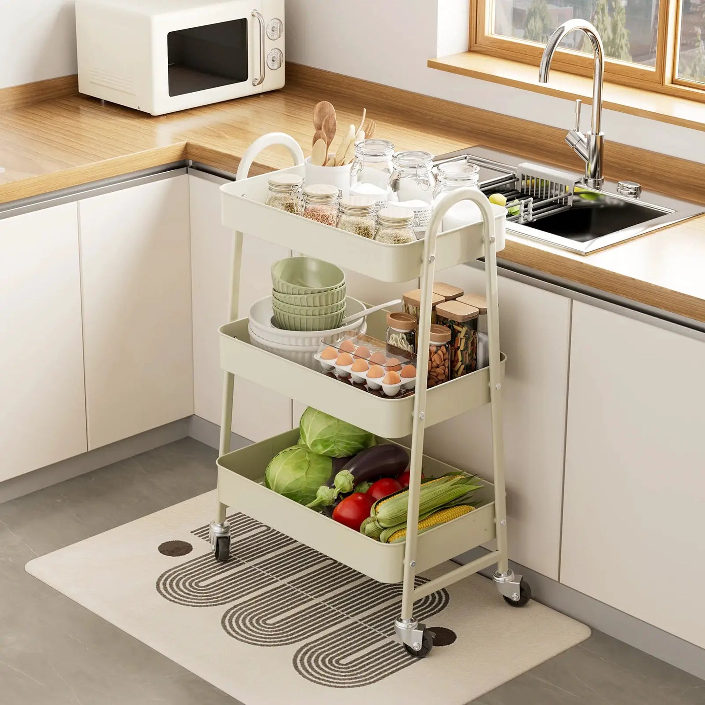 JHK 3 Tier Metal Storage Kitchen Cart with Lockable Wheels Mobile Shelving Unit Utility Rolling Organizer For Home Narrow Places from PriceLows™