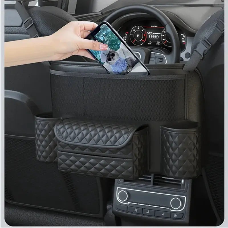 Leather Car Seat Middle Hanger Storage Bag Luxury Auto Handbag Holder Between Seats Tissue Water Cup Pockets Stowing Tidying from PriceLows™