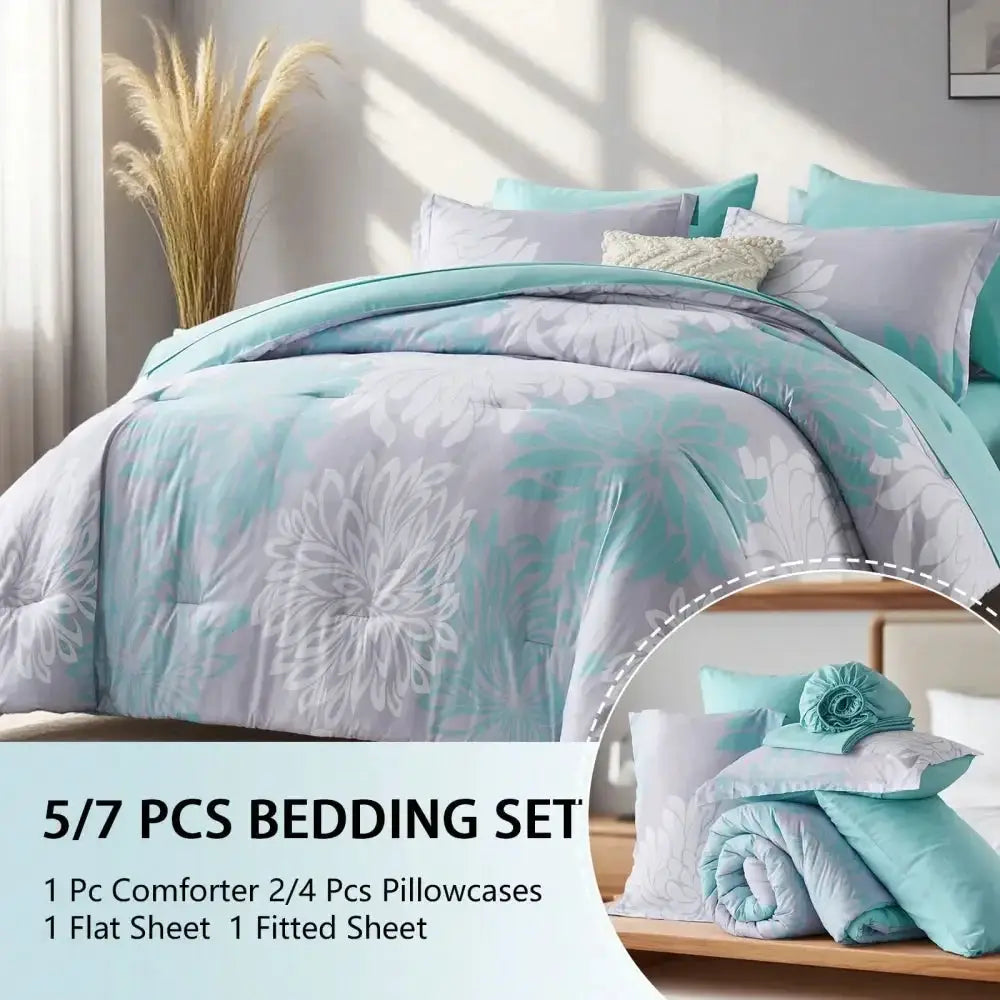 Pieces Chic Floral Printed Bed Comforter Sets, Queen King, Soft And Comfortable Summer Bedding Sets, Bed In A Bag, Hotel Bedroom from PriceLows™