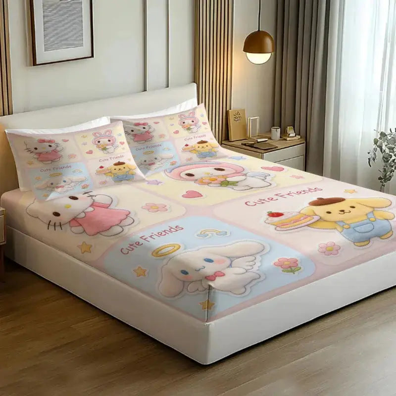 Sanrio Hello Kitty My Melody Cinnamoroll Pompompurin Fitted Sheet Set Kawaii Cute Cartoon Bed Sheet Pillowcases for Girl Bedroom from PriceLows™