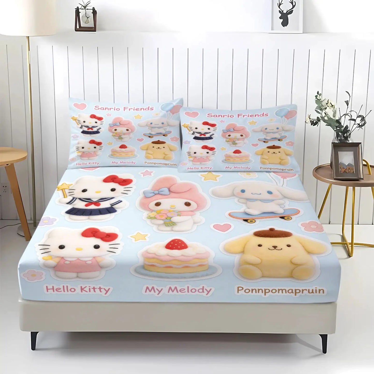Sanrio Hello Kitty My Melody Cinnamoroll Pompompurin Fitted Sheet Set Kawaii Cute Cartoon Bed Sheet Pillowcases for Girl Bedroom from PriceLows™