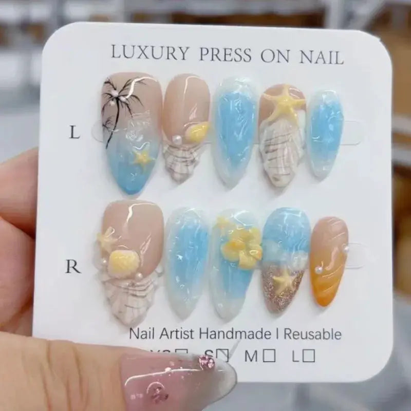 Press On Nails | 3D Seashell Design | Almond Shape | 24 Piece Set