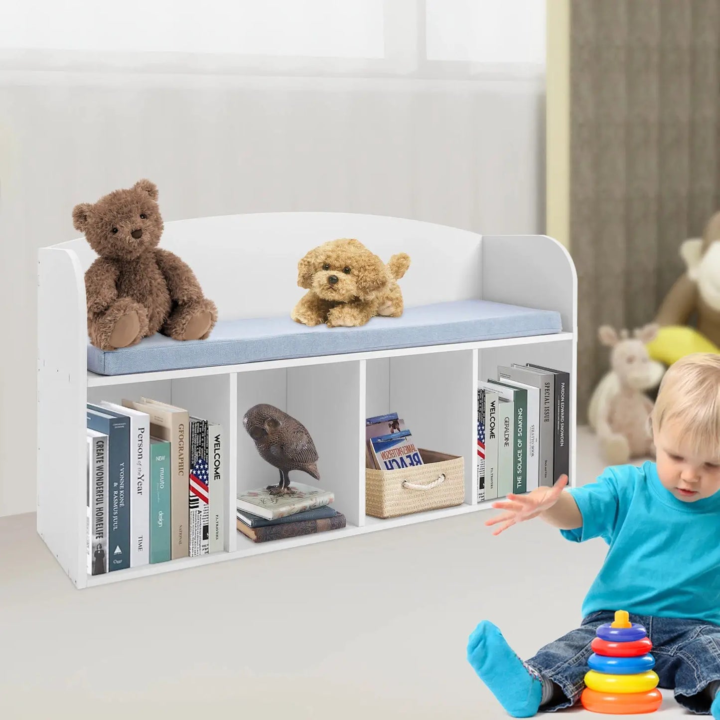 Kids Bookshelf with Reading Nook - Soft Cushioned Corner Bench, 5-Tier Book Display & Storage Organizer, Space-Saving Bookcase from PriceLows™