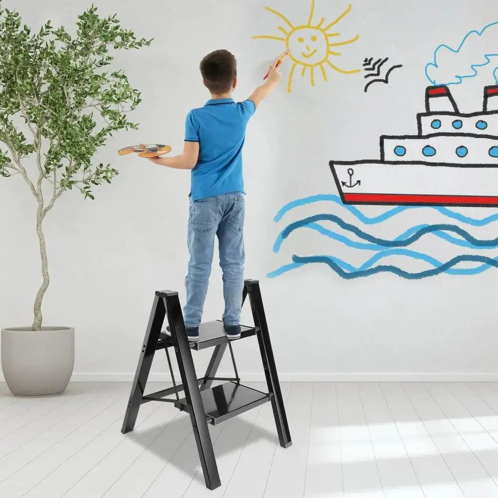 Lightweight 2-Step Folding Ladder with Non-Slip and Load-Bearing Capacity up to 150 kg, Black for Kitchen and Household Use from PriceLows™