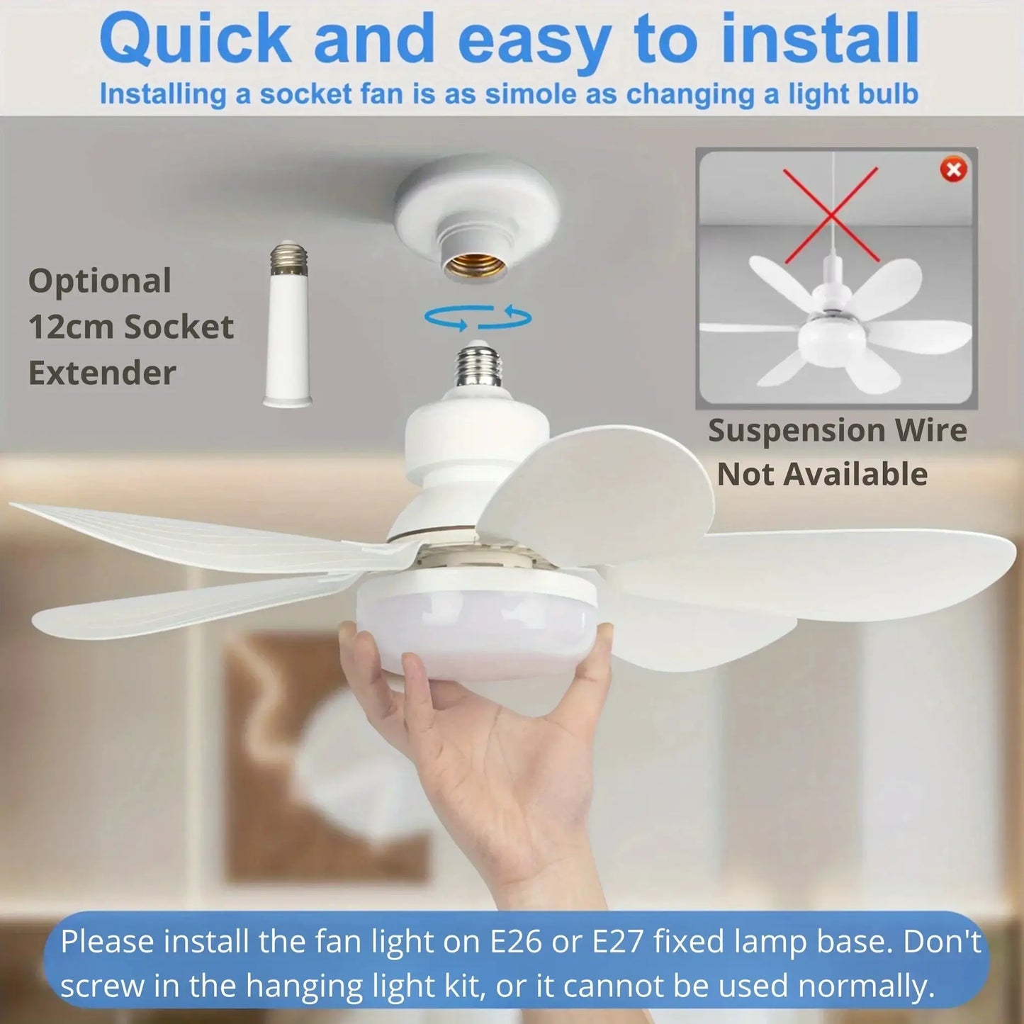 Ceiling Fan With Light | E26 E27 Base | Remote Included | 20.5in