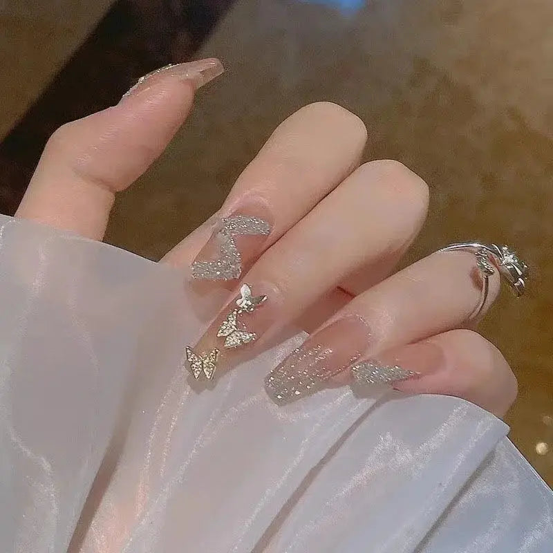 Press On Nails | Long Square Shape | Pink Blue Gradient Glitter | 24 Piece Set