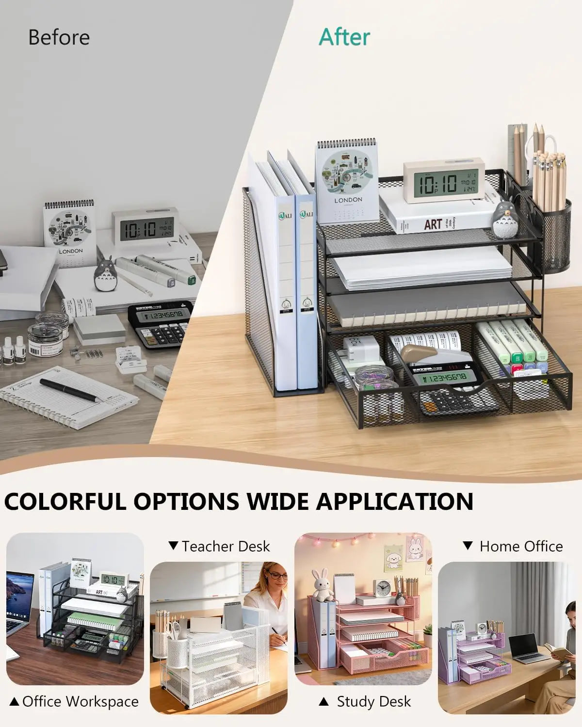 Desk File Organizer | 4-Tier Letter Tray System | Drawer And Pen Holders | Metal