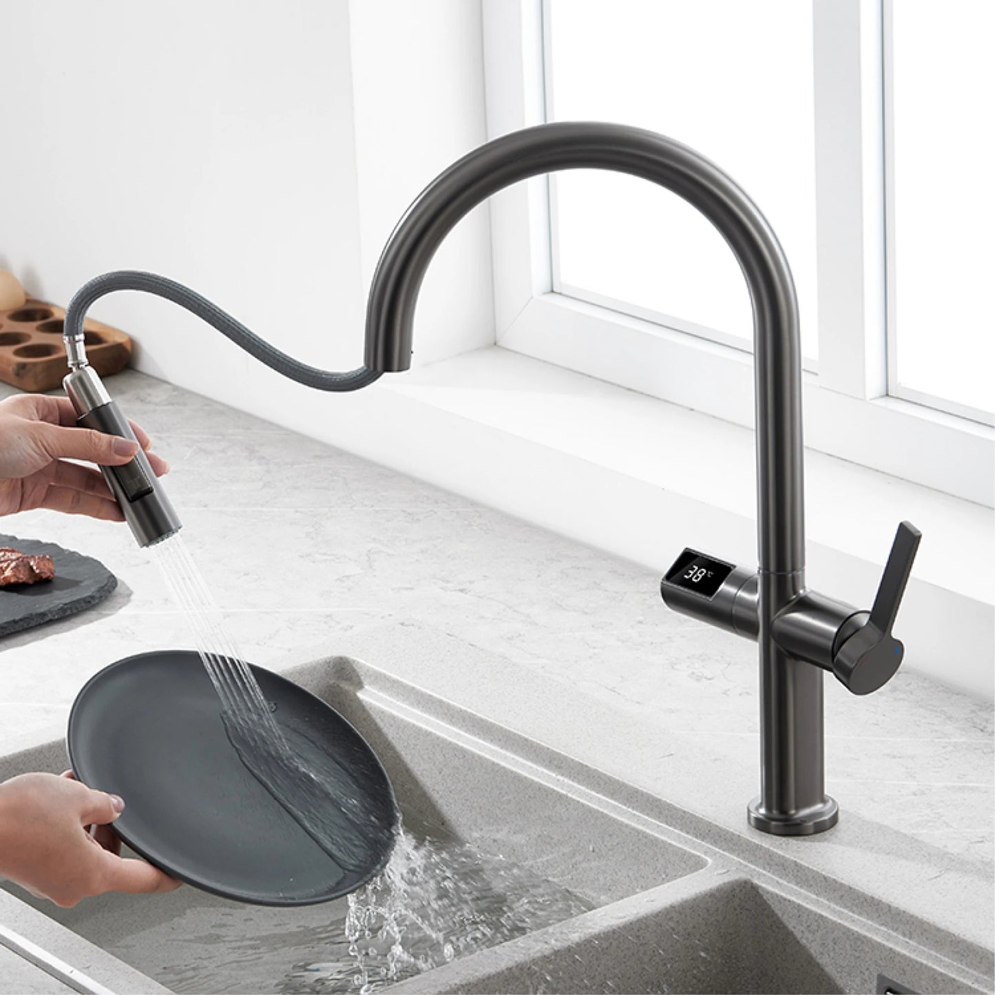 Kitchen Faucet | Digital Display | Gun Gray Brass | Two Function