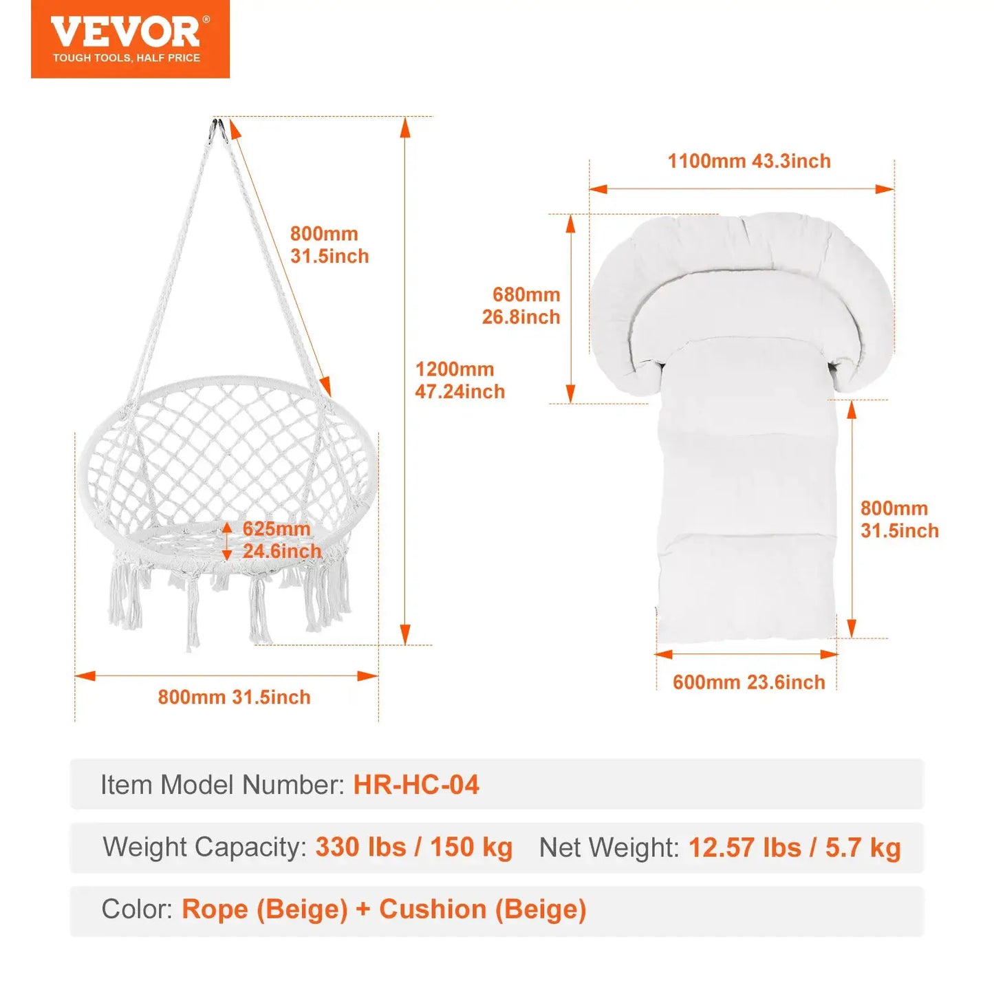 SucceBuy Hanging Hammock Swing Chair 330lbs Macramé Hanging Chair Cotton Rope Swing Chair for Bedroom Balcony Patio Garden White from PriceLows™