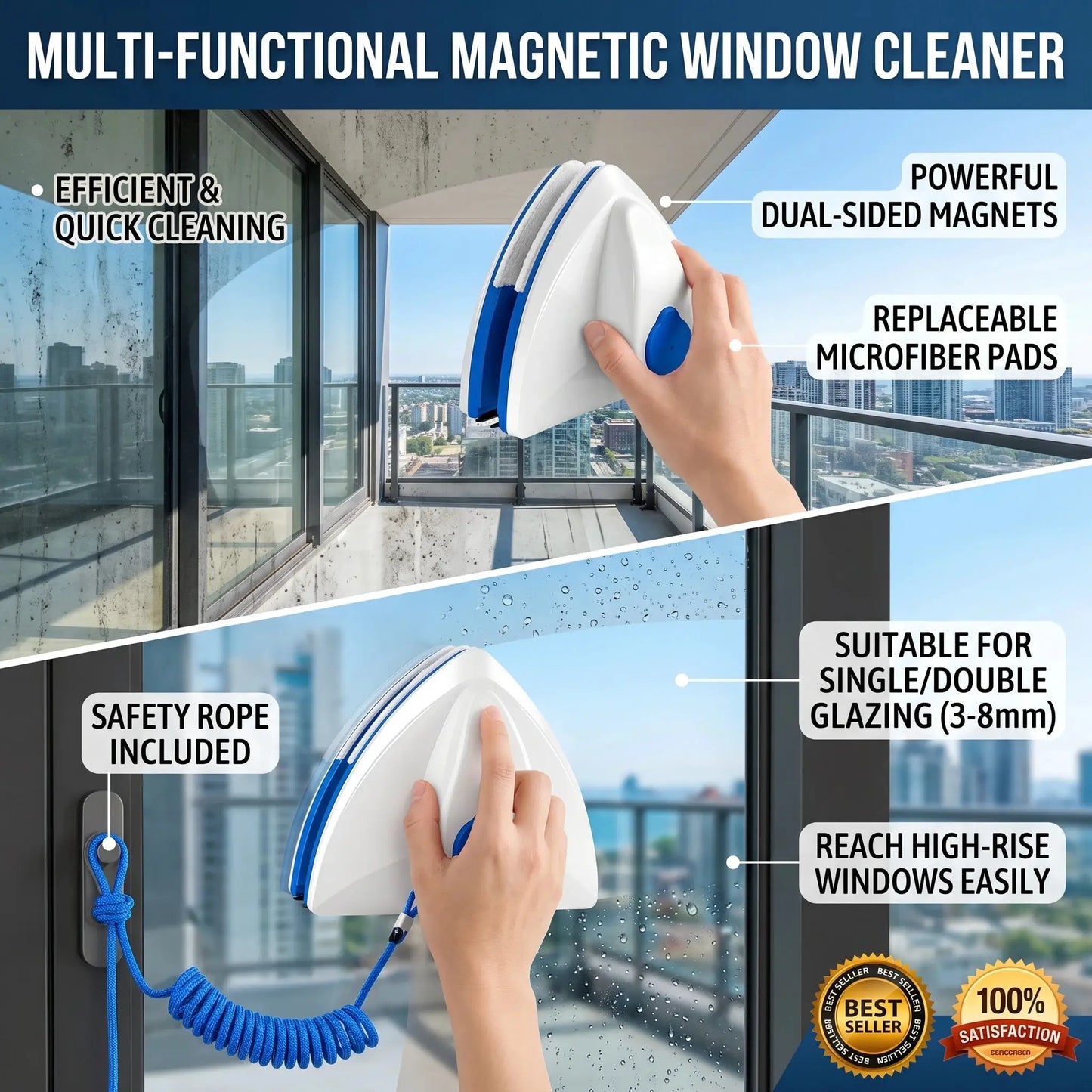 Magnetic Window Cleaner | Double-Sided | High-Rise Glass Wiper | One Size