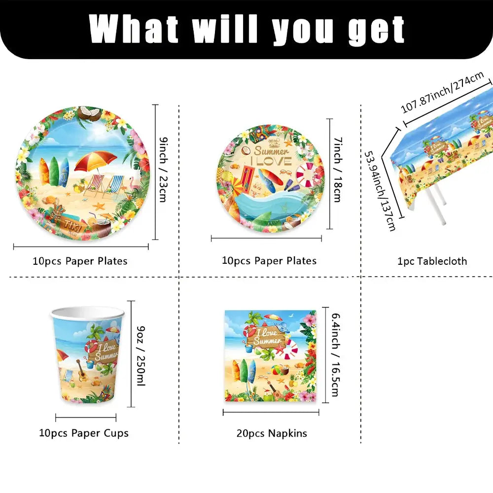 Summer Beach Party Tableware Set | Paper Plates Cups Napkins With Tablecloth