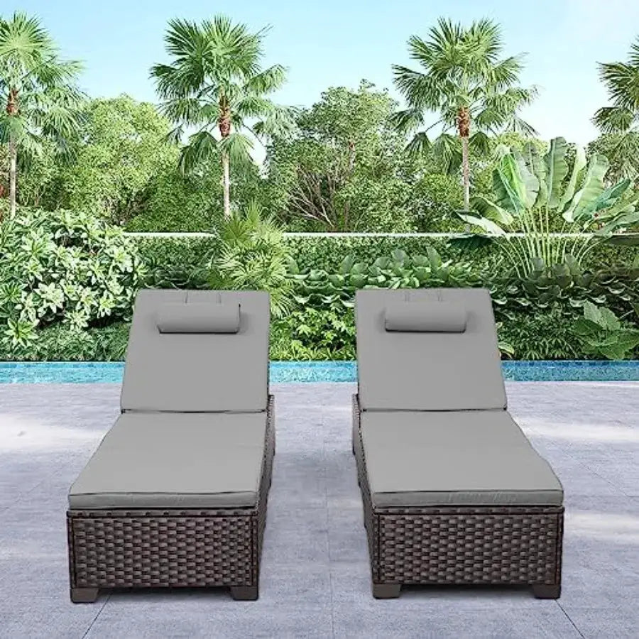 Brown Wicker Patio Chaise Lounge Chairs Set of 2 Outdoor Chaise Lounge Pool Lounge Chairs Poolside Recliner Chairs with Grey Cu from PriceLows™