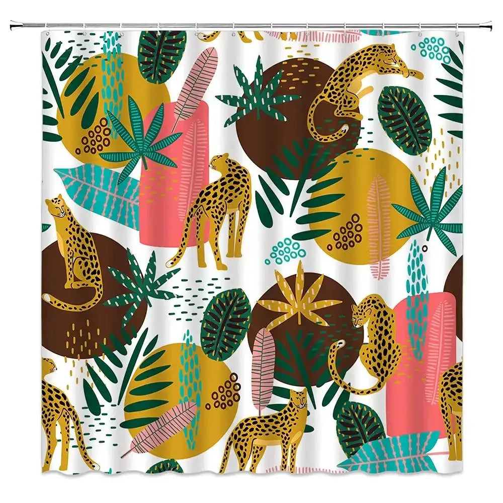 Boho Cheetah Shower Curtain,Tropical Leopard Wildlife Bath Curtain,Modern Pink Aesthetic Moon Phase Blue Floral Bathroom Curtain from PriceLows™