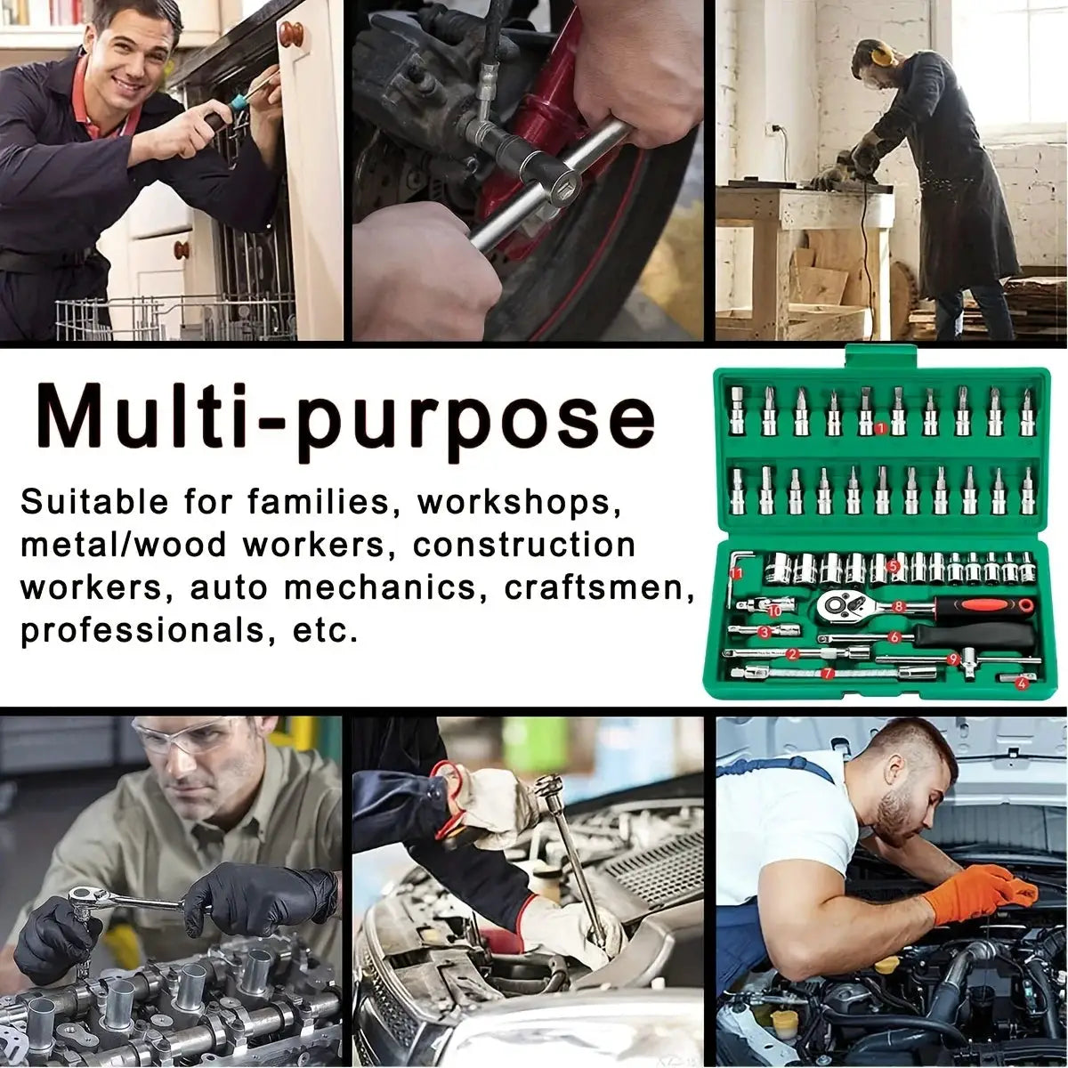 46pc Drive Socket Set 1/4 inch Ratchet Wrench Set with Sockets Metric Hex Bit Socket Set Mechanic Tool Kits for Auto Repair Hous from PriceLows™