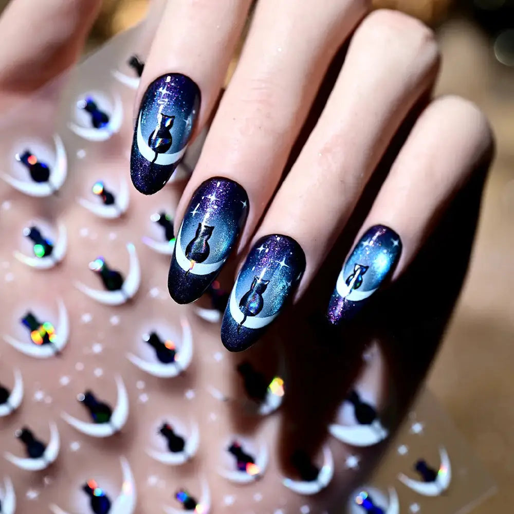 1PC 5D Cartoon Black Cat French Nail Stickers Kawaii Aurora Shell Cat Star Nail Decals 8*10cm Self-Adhesive Manicure Accessories from PriceLows™