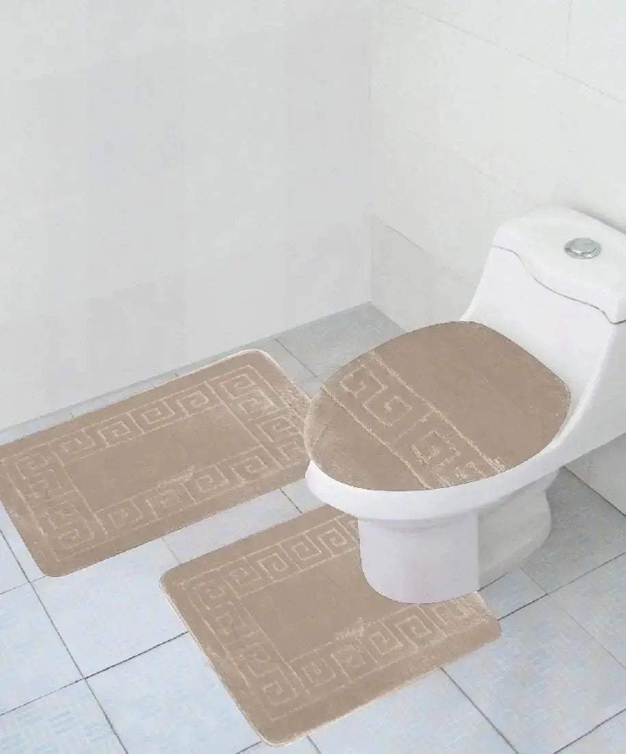 3 Piece Bath Rug Set Pattern Bathroom Rug (20"x32")/Large Contour Mat (20"x20") with Lid Cover (Beige) from PriceLows™