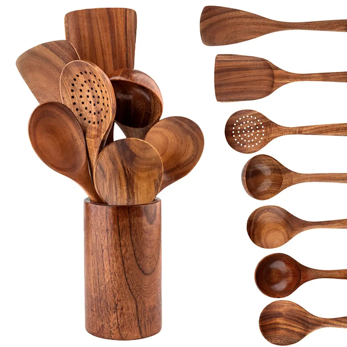 Wooden Kitchen Utensils | Natural Finish | Storage Bucket Included | 5 Piece