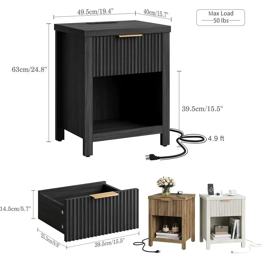 2-Piece Grey Charging Station Nightstands with Storage for Bedroom from PriceLows™