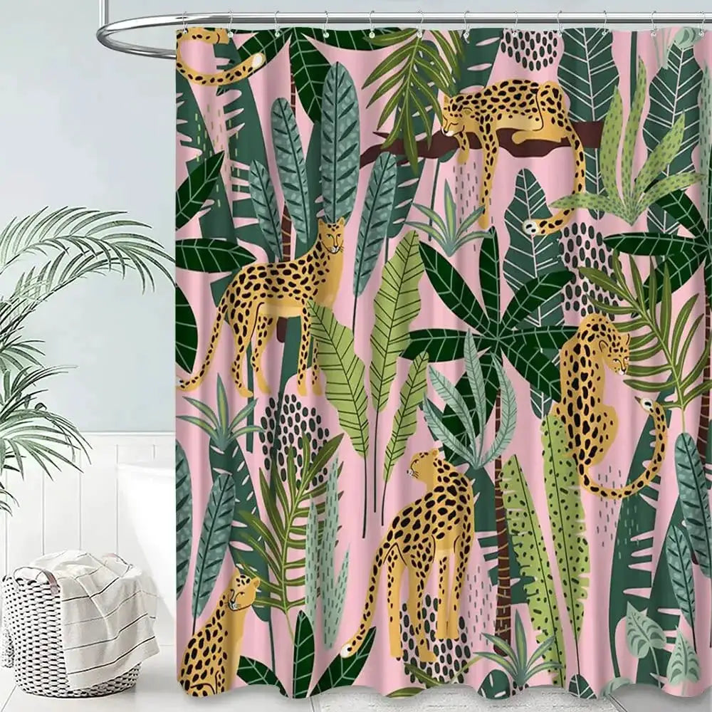 Boho Cheetah Shower Curtain,Tropical Leopard Wildlife Bath Curtain,Modern Pink Aesthetic Moon Phase Blue Floral Bathroom Curtain from PriceLows™