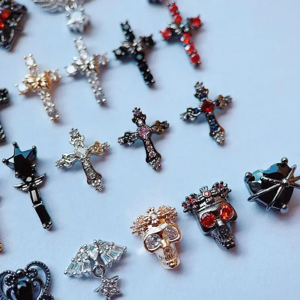 10pcs/lot Luxury Halloween Black Cross Heart Zircon Metal Nails Jewelry Decorations Nail Art Accessories Charms Parts Supplies from PriceLows™