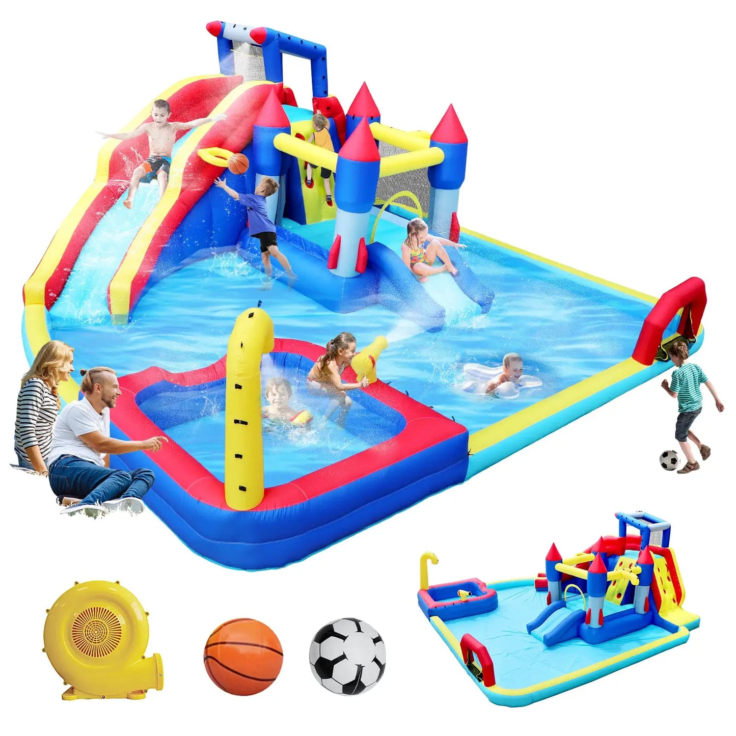 Inflatable Water Slide 10in1 Bounce House Outdoor Kids Water Park with Dual Splash Pools Climbing Wall Basketball Soccer from PriceLows™
