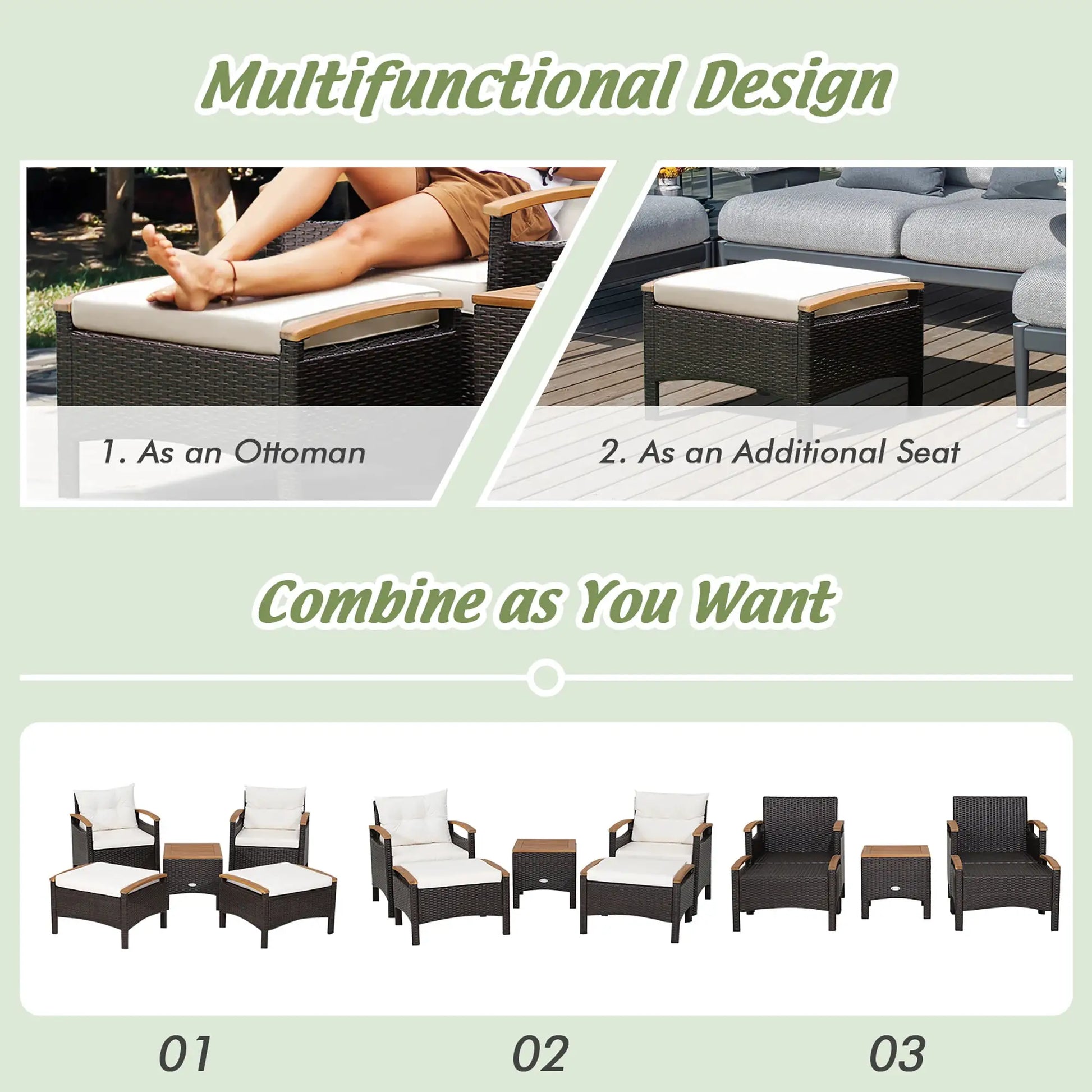 5PCS Patio Rattan Furniture Set Sofa Ottoman Cushioned Table W/Wood Top from PriceLows™
