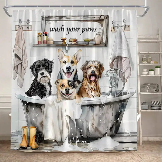 Funny Bathing Dogs Shower Curtain Bathtub Wash Your Paws Cute Pet Cartoon Animals Bath Curtains Fabric Bathroom Decor with Hooks from PriceLows™