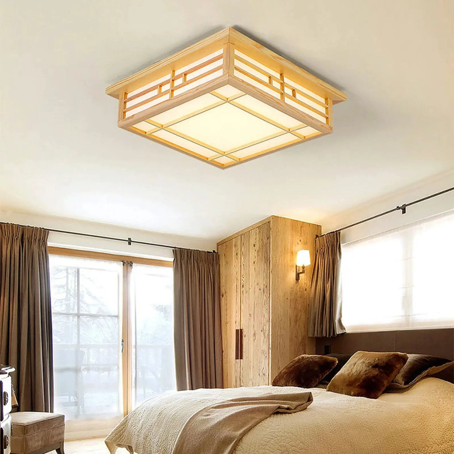 Japan Style Ceiling Lamp Solid Wood Wooden LED Light Flush Mount Ceiling Light with Remote Control For Bedroom Living Room from PriceLows™