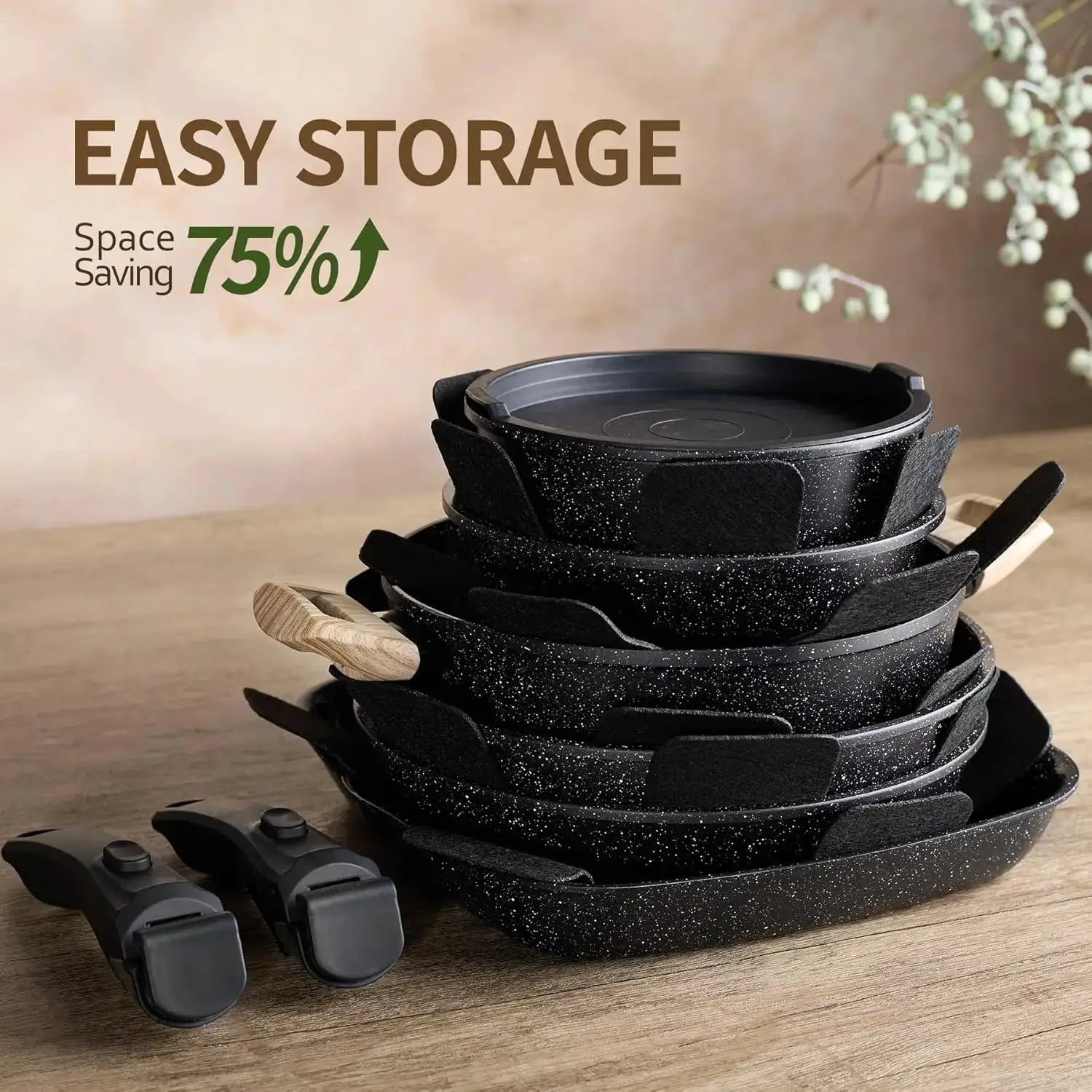 23pcs Ceramic Pots and Pans Set, Nonstick Detachable Handle Cookware, Induction Kitchen Cooking Set with Removable Handle, Frying Pans & Saucepans Oven Safe (Black) from PriceLows™