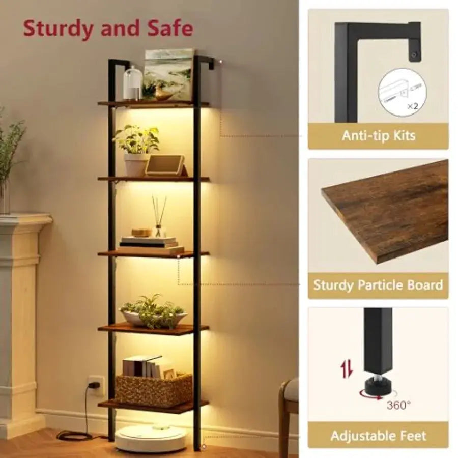 5-Tier Ladder Shelf with LED Light, Wall Mounted Ladder Bookshelf with Metal Frame, Wall Ladder Bookshelf for Living Room, Bedr from PriceLows™