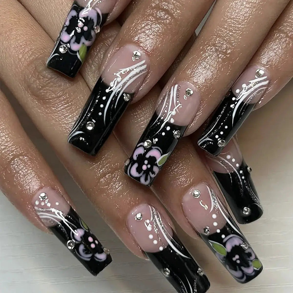Press On Nails | Resin Coffin Shape | French Floral Print | 24 Pieces