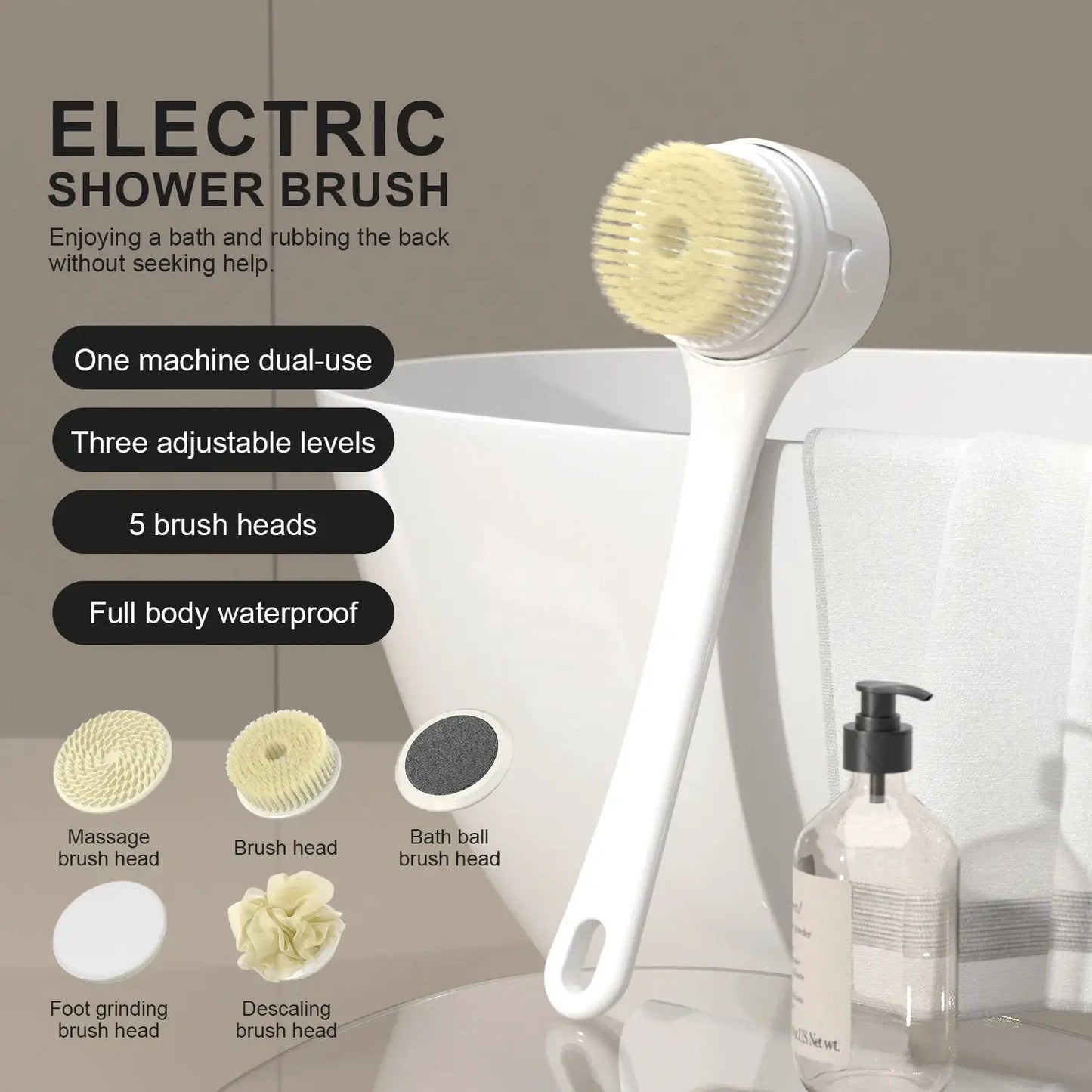 Electric Shower Brush | 5-Head Spin Brush | Rechargeable Waterproof | 3 Gear