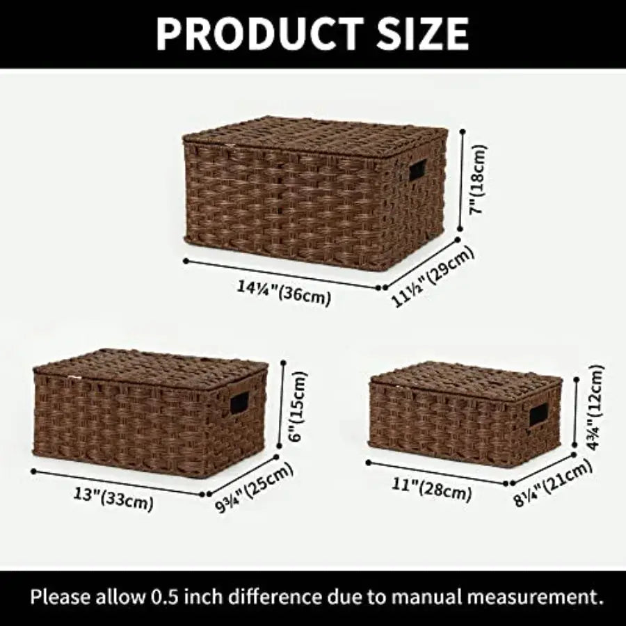 Wicker Baskets with Lids, Set of 3 Decorative Storage Boxes, Woven Basket for Organizing, Storage and Organizer Baskets from PriceLows™
