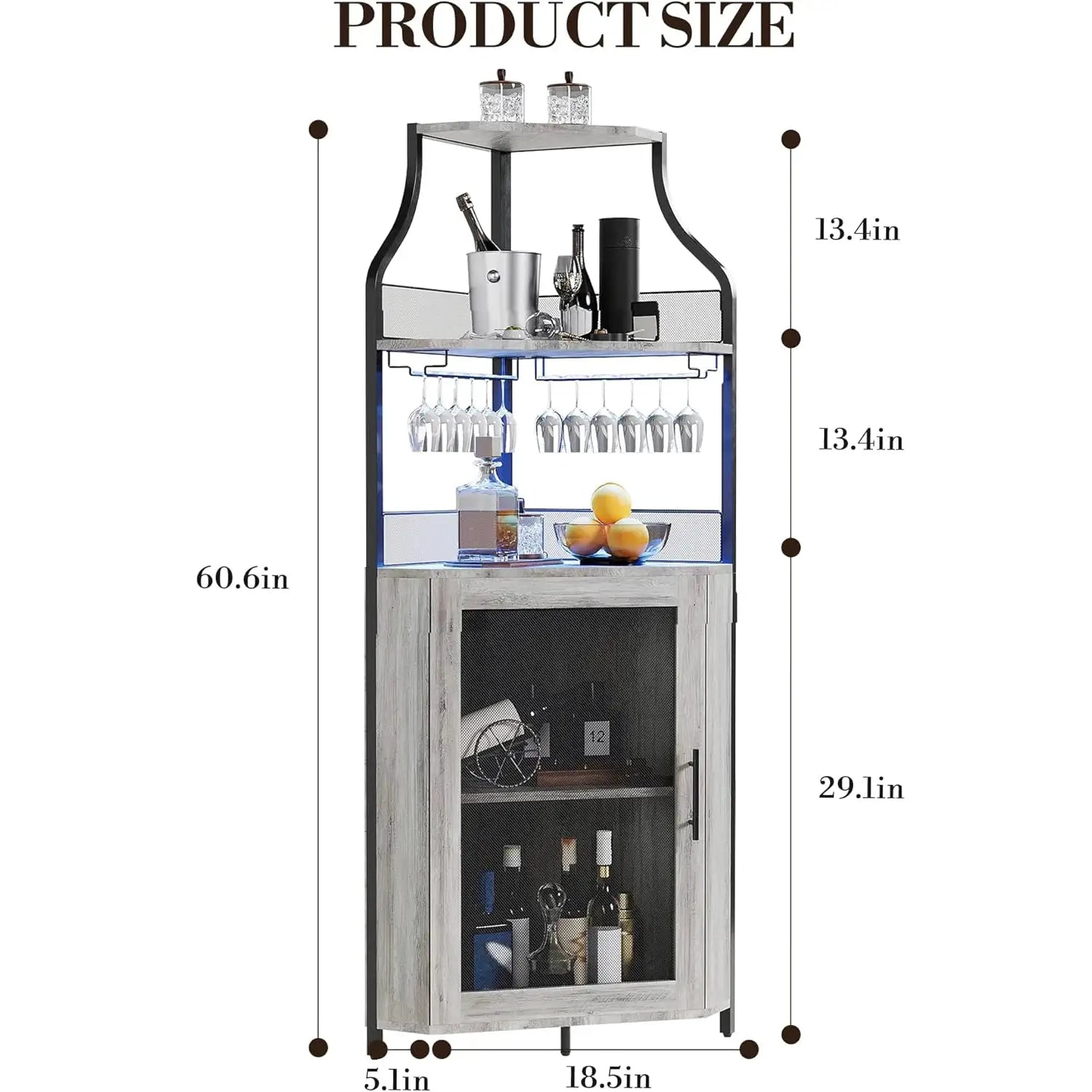 Corner Bar Cabinet Freestanding 5-Tier Wine & Spirits Rack with LED Lights Adjustable Shelves Glass Holder & Mesh Doors for Bar from PriceLows™