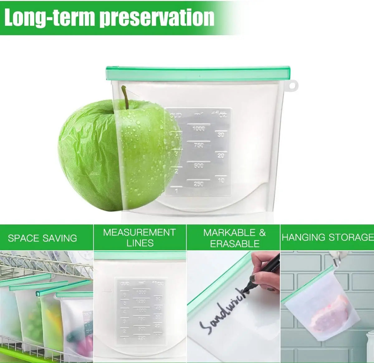 Silicone Food Storage Bags | Extra Thick | Leakproof | 6 Pack